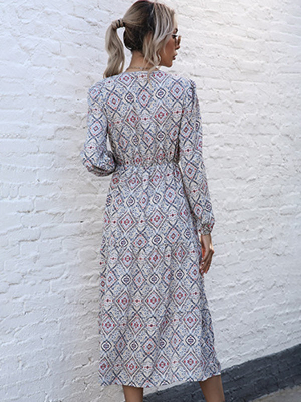 Geometric Print Long Sleeve Midi Dress – Woven Polyester, Fall Style