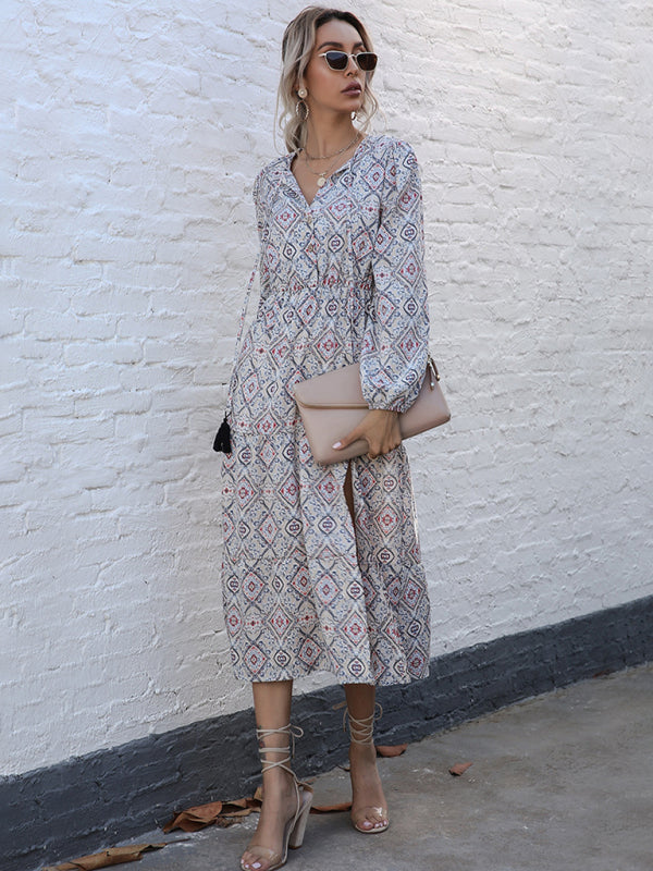 Geometric Print Long Sleeve Midi Dress – Woven Polyester, Fall Style