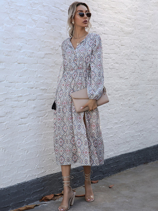 Geometric Print Long Sleeve Midi Dress – Woven Polyester, Fall Style