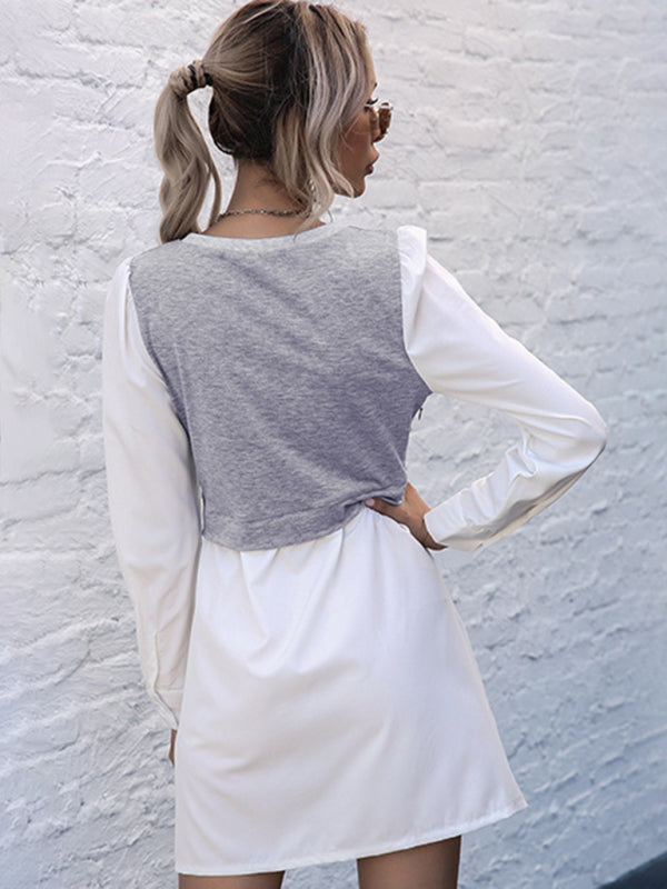 Layered Long Sleeve Button Dress - Casual Midi