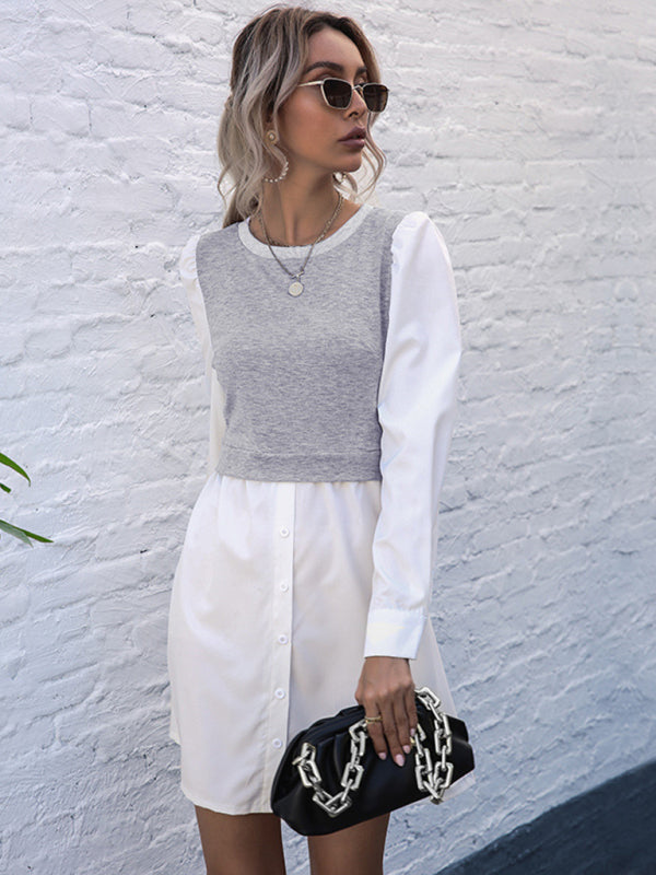 Layered Long Sleeve Button Dress - Casual Midi