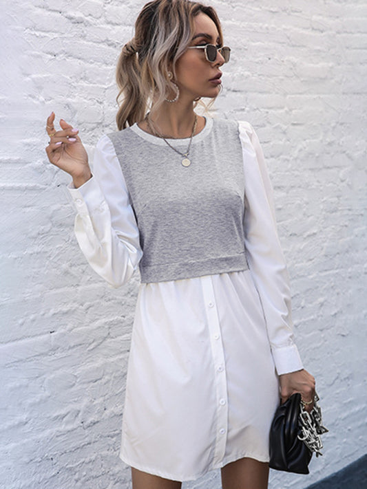 Layered Long Sleeve Button Dress - Casual Midi