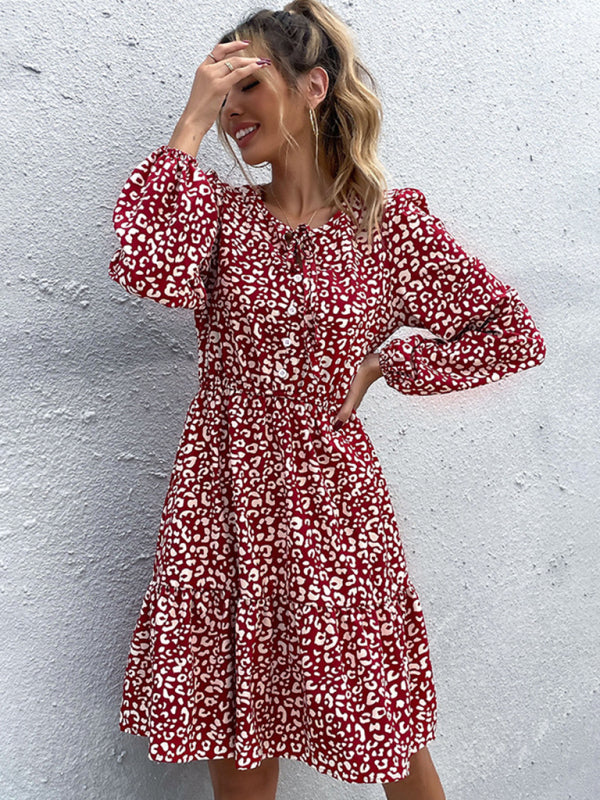 Leopard Print Long-Sleeve Dress – Autumn-Winter Style & Relaxed Fit