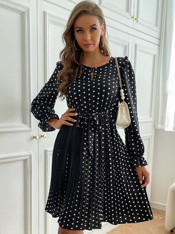 Polka Dot Pleated Long Sleeve Midi Dress – Chic Casual Look for Day or Night