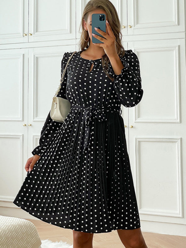 Polka Dot Pleated Long Sleeve Midi Dress – Chic Casual Look for Day or Night