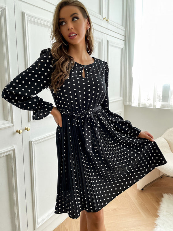 Polka Dot Pleated Long Sleeve Midi Dress – Chic Casual Look for Day or Night