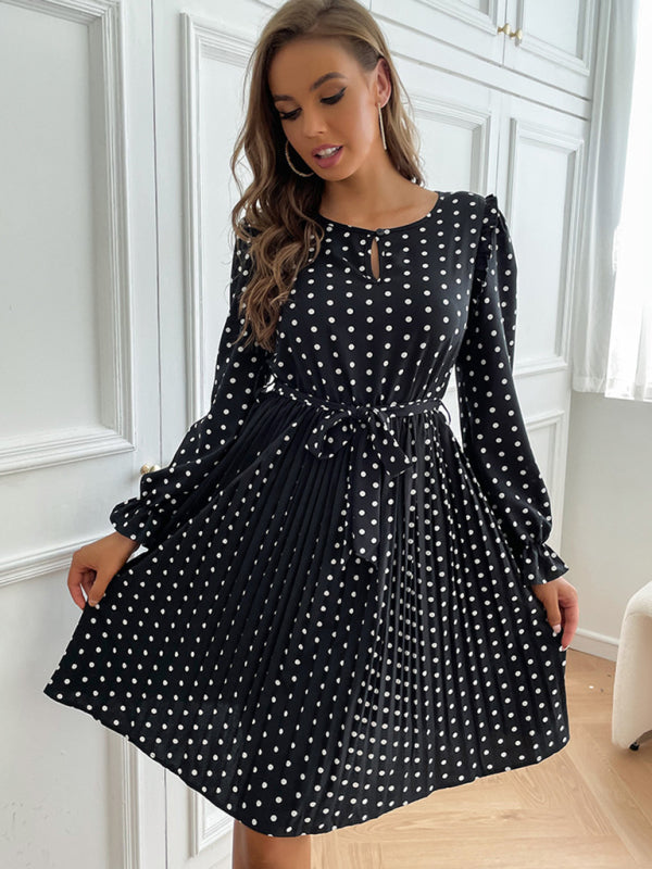 Polka Dot Pleated Long Sleeve Midi Dress – Chic Casual Look for Day or Night