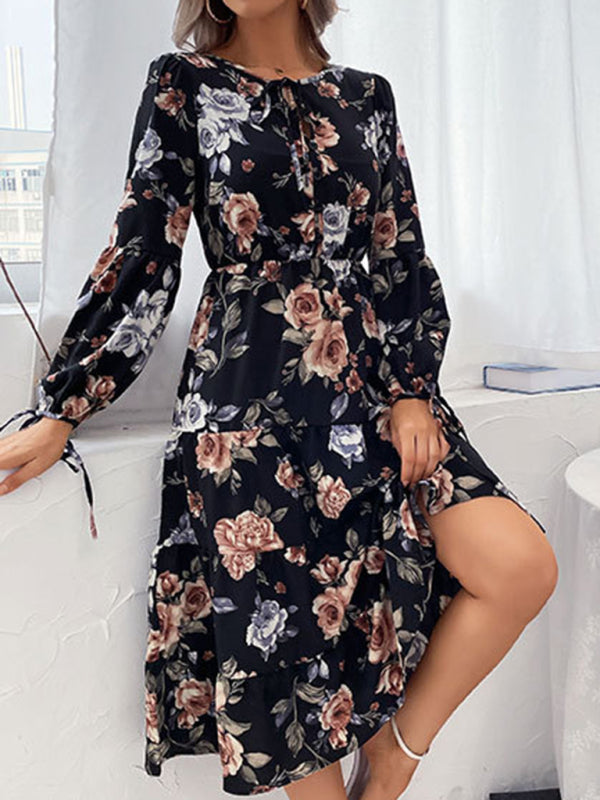 Floral Print Woven Long Sleeve Midi Dress