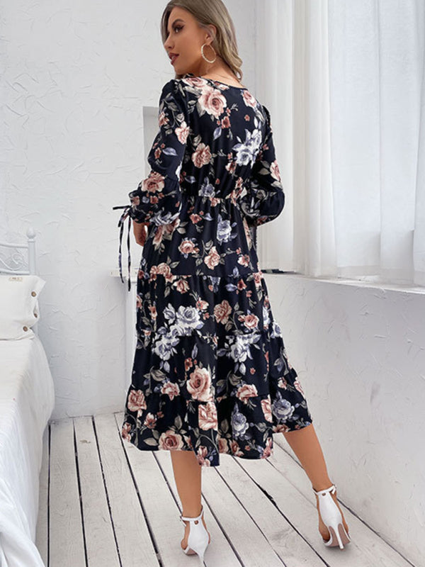 Floral Print Woven Long Sleeve Midi Dress
