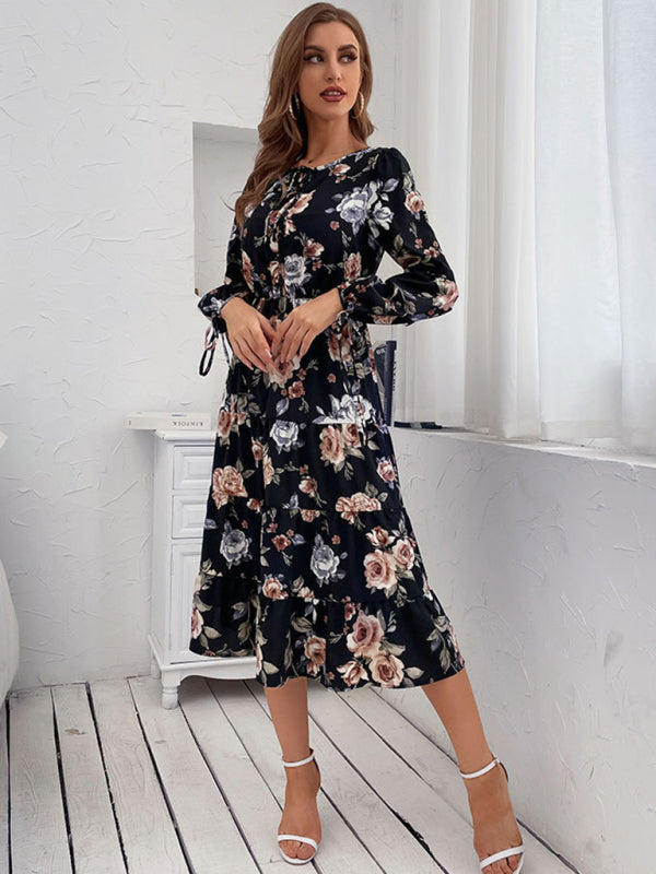 Floral Print Woven Long Sleeve Midi Dress