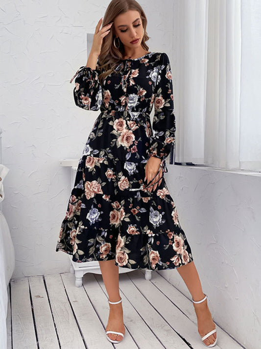 Floral Print Woven Long Sleeve Midi Dress