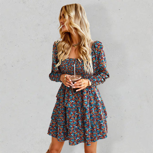 Square Neck Long Sleeve Printed Cake Dress – Flowy Fit, Puff Sleeves, Cute Style