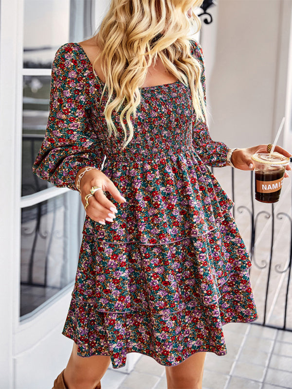 Square Neck Long Sleeve Printed Cake Dress – Flowy Fit, Puff Sleeves, Cute Style