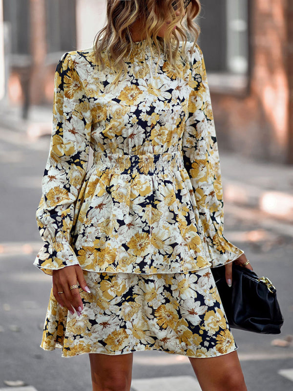Floral Print Long Sleeve Vacation Dress – Ruffle Hem & Boho Style