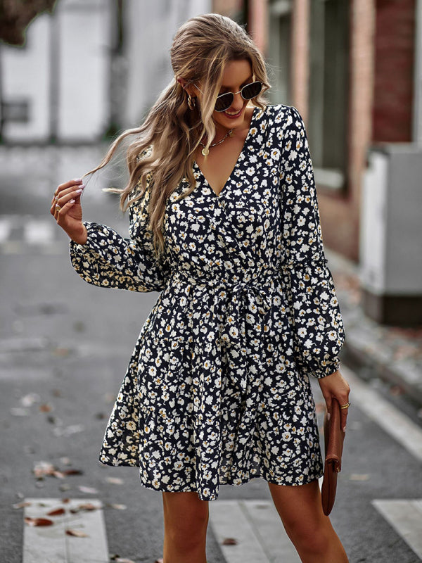 Printed V-Neck Long Sleeve Dress – Flowy Fit, Lightweight, Four-Season Wear