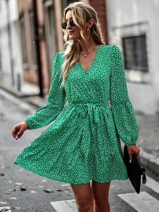 Printed V-Neck Long Sleeve Dress – Flowy Fit, Lightweight, Four-Season Wear