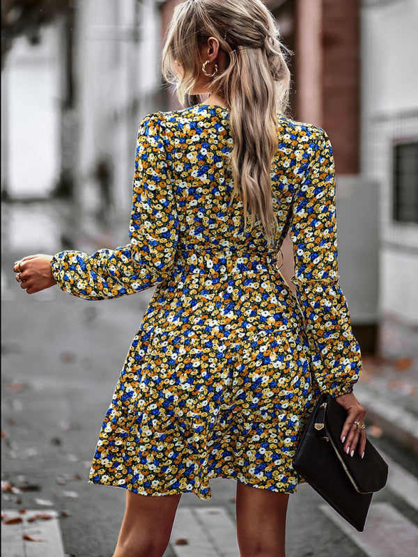 Printed V-Neck Long Sleeve Dress – Flowy Fit, Lightweight, Four-Season Wear