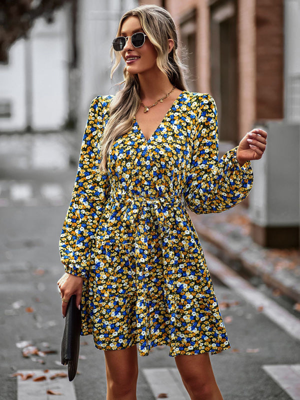 Printed V-Neck Long Sleeve Dress – Flowy Fit, Lightweight, Four-Season Wear