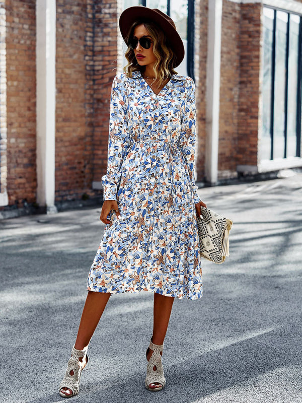 Printed V-Neck Long Sleeve Maxi Dress – Breathable Viscose for All-Season Style