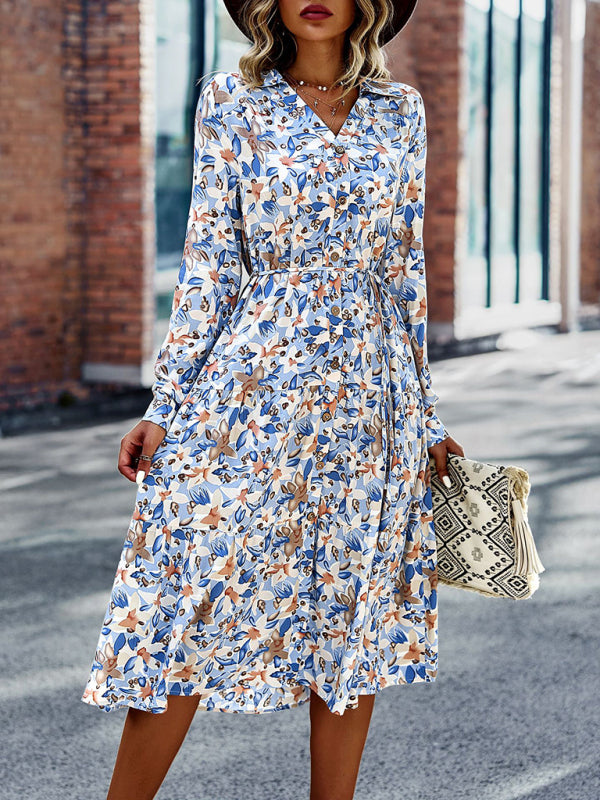 Printed V-Neck Long Sleeve Maxi Dress – Breathable Viscose for All-Season Style