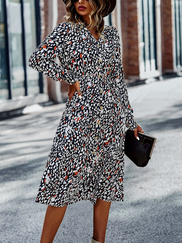 Printed V-Neck Long Sleeve Maxi Dress – Breathable Viscose for All-Season Style