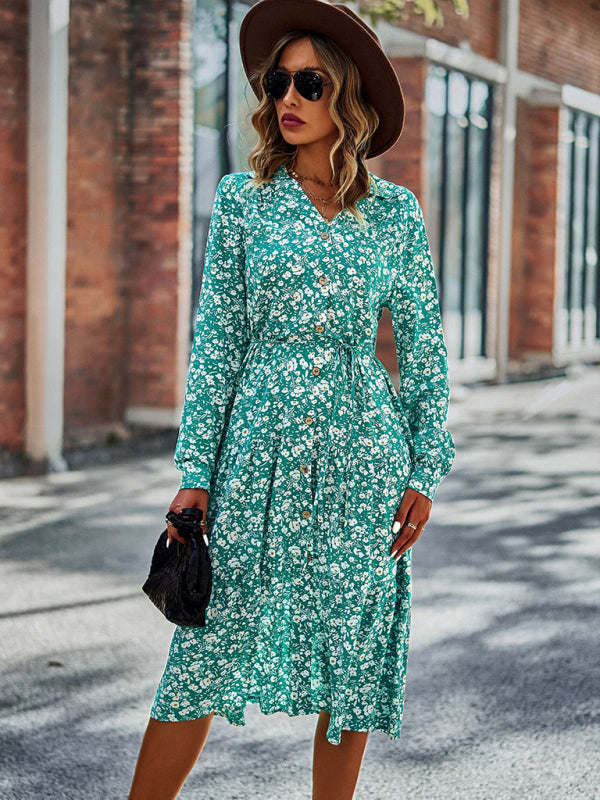 Printed V-Neck Long Sleeve Maxi Dress – Breathable Viscose for All-Season Style