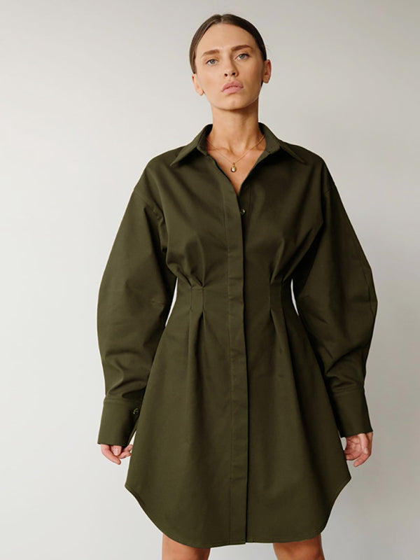 A-Line High-Waisted Shirt Dress – Long Sleeve Casual Woven Fit for Fall