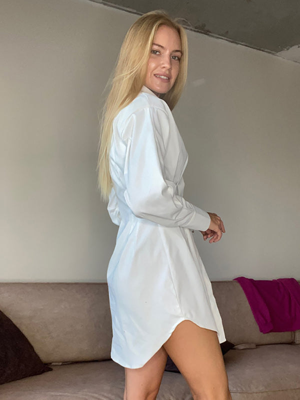 A-Line High-Waisted Shirt Dress – Long Sleeve Casual Woven Fit for Fall