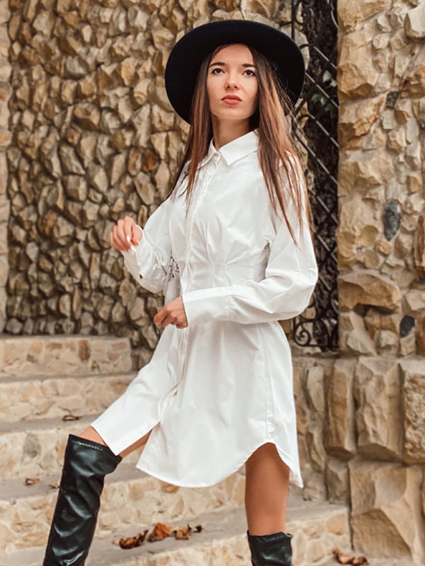 A-Line High-Waisted Shirt Dress – Long Sleeve Casual Woven Fit for Fall