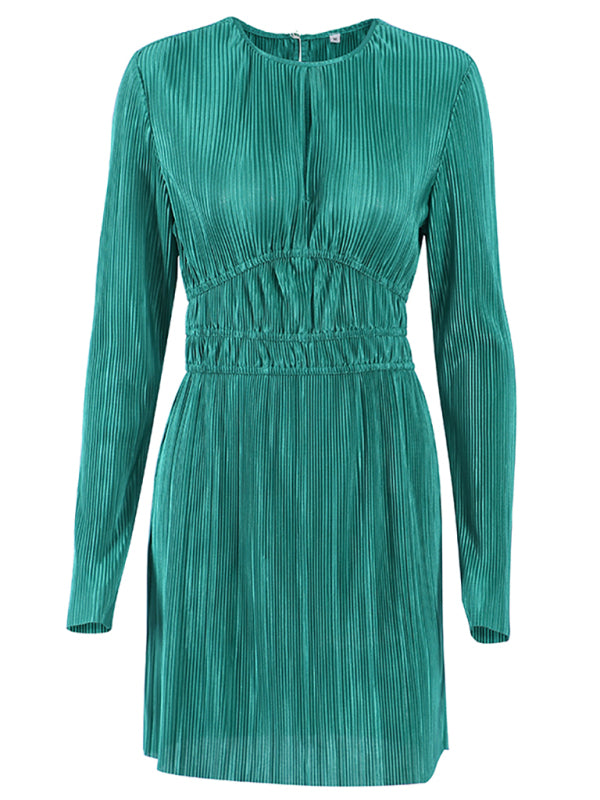 Pleated Long-Sleeve Mini Dress – Elegant Autumn-Winter Styling in Black & Green