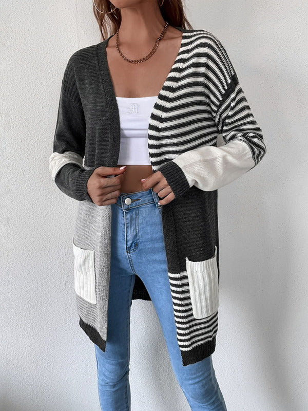 Women's Striped Knit Open Cardigan Charcoal grey