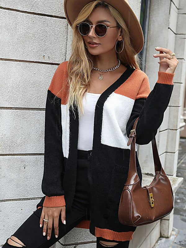 Cardigã de Malha com Blocos de Cor e Mangas Compridas