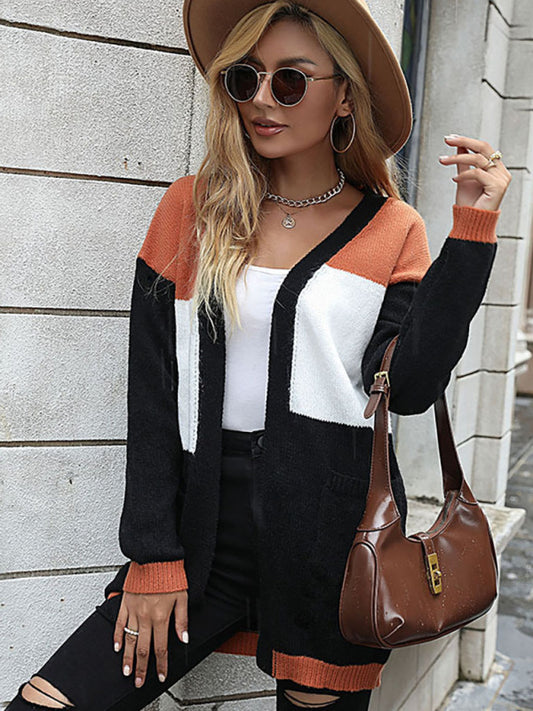 Kardigan dzianinowy w kolorowe bloki z długimi rękawami