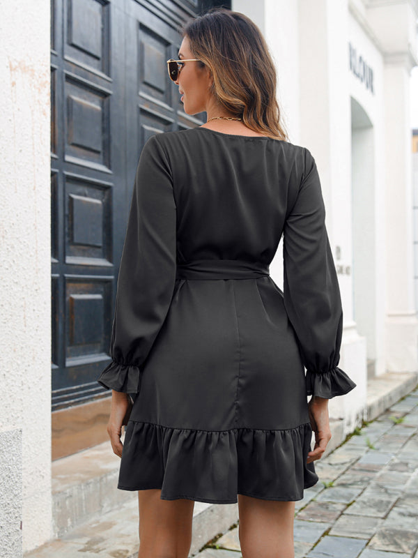 Lace V-Neck Midi Dress with Long Sleeves – Ruffle Hem, Elegant Autumn Look