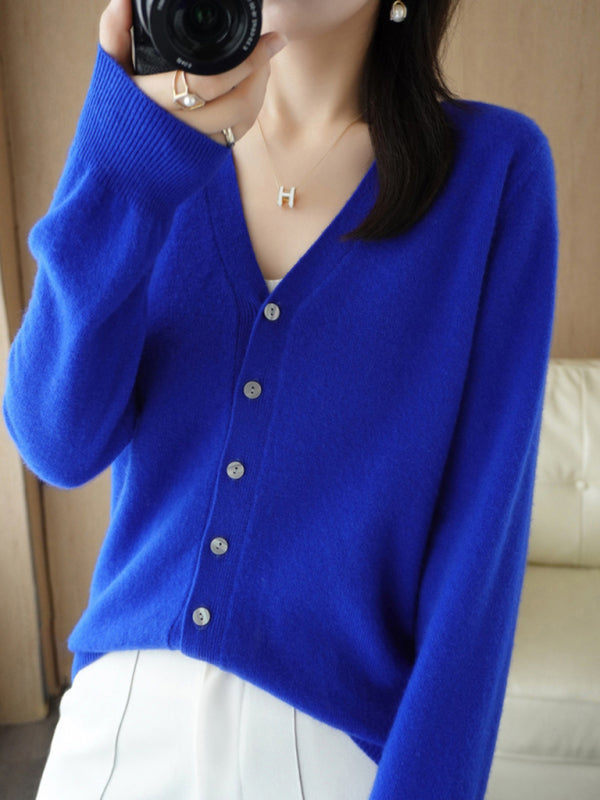 V-Neck Knit Wool Blend Cardigan Sweater Royal blue