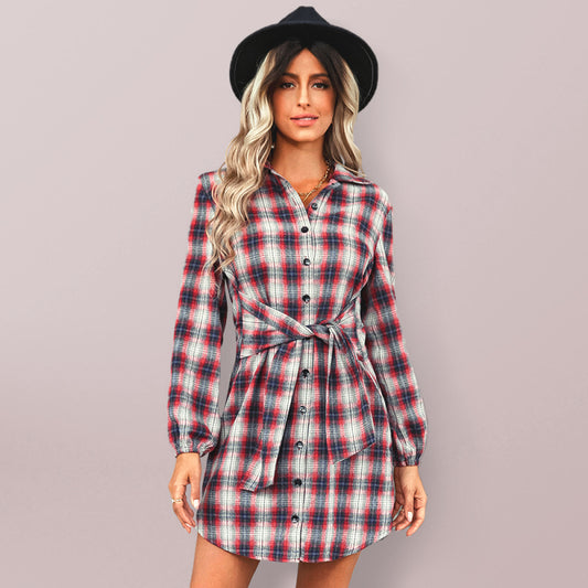 Plaid Lace Waist Midi Shirt Dress – Long Sleeve, Single Breasted
