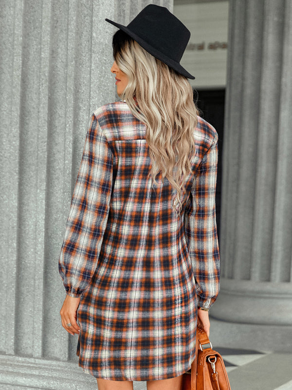 Plaid Lace Waist Midi Shirt Dress – Long Sleeve, Single Breasted