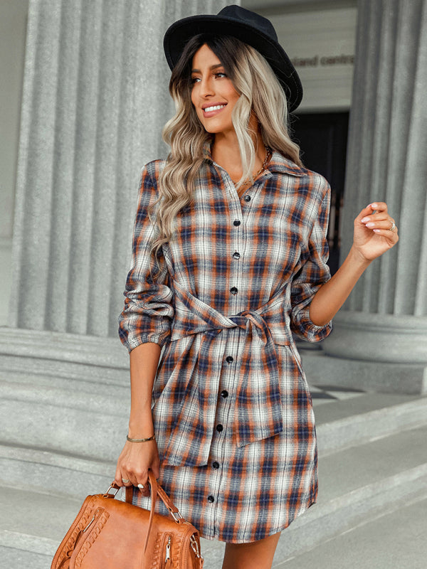 Plaid Lace Waist Midi Shirt Dress – Long Sleeve, Single Breasted