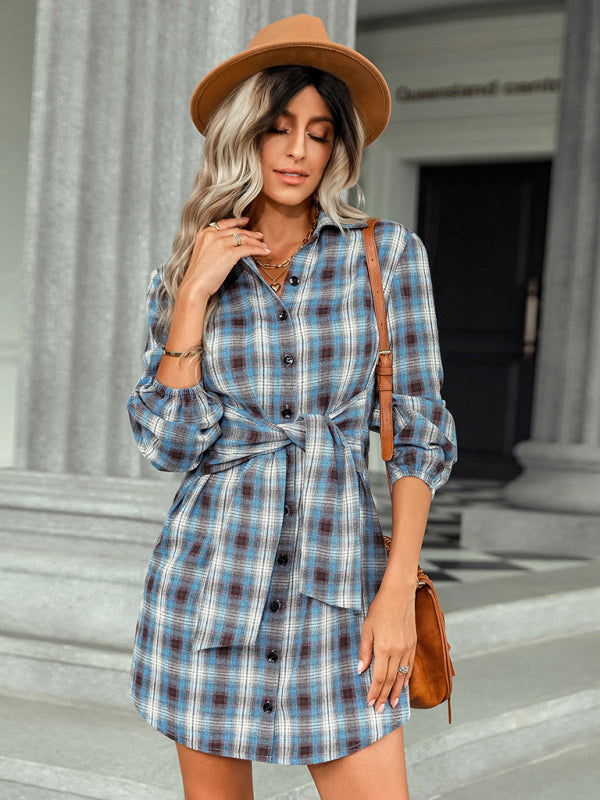 Plaid Lace Waist Midi Shirt Dress – Long Sleeve, Single Breasted