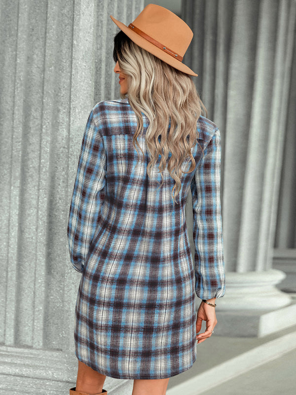 Plaid Lace Waist Midi Shirt Dress – Long Sleeve, Single Breasted