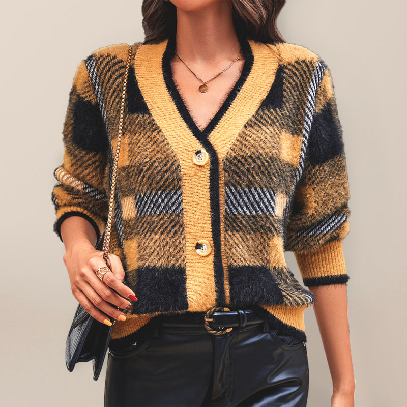 Plaid V-Neck Button Cardigan Sweater Yellow