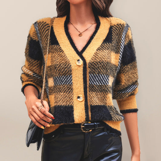 Plaid V-Neck Button Cardigan Sweater Yellow