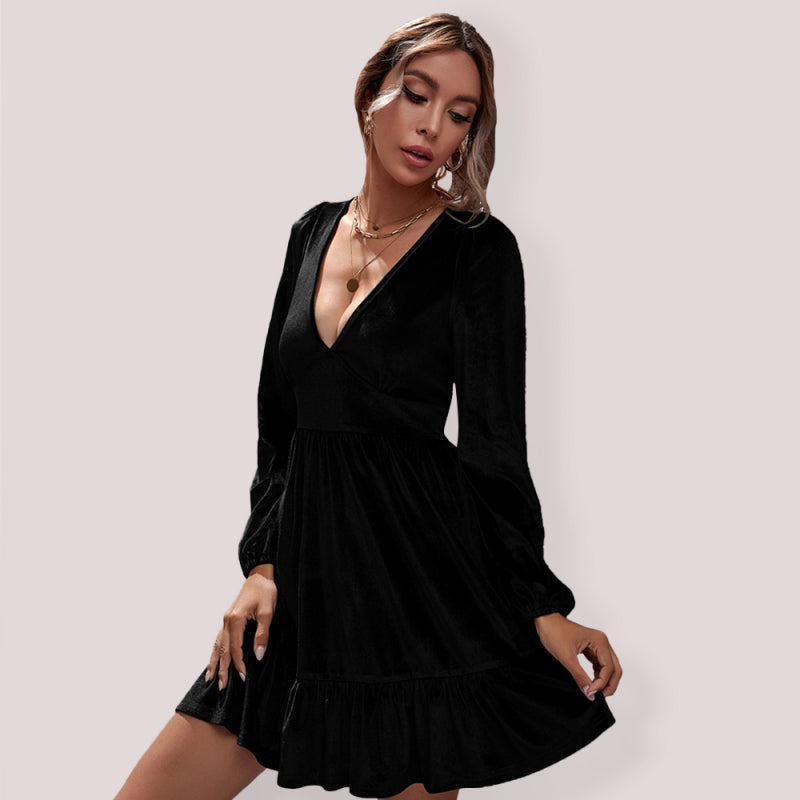 Velvet Deep V-Neck Midi Dress – Ruffle Detail & Bubble Sleeves
