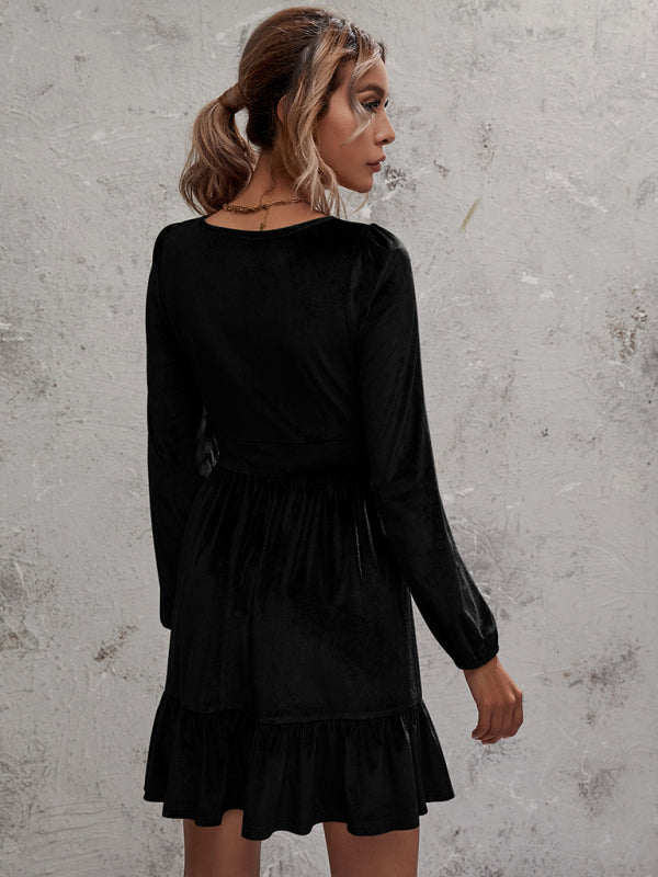 Velvet Deep V-Neck Midi Dress – Ruffle Detail & Bubble Sleeves