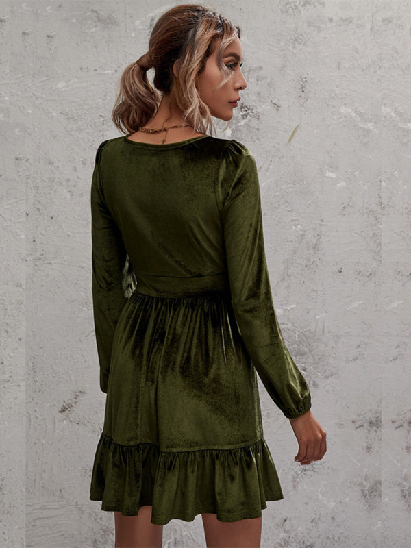 Velvet Deep V-Neck Midi Dress – Ruffle Detail & Bubble Sleeves