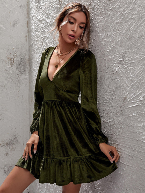Velvet Deep V-Neck Midi Dress – Ruffle Detail & Bubble Sleeves
