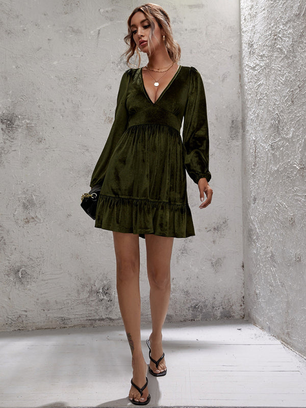 Velvet Deep V-Neck Midi Dress – Ruffle Detail & Bubble Sleeves