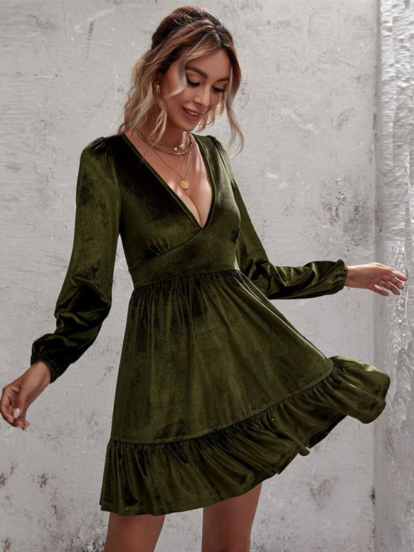 Velvet Deep V-Neck Midi Dress – Ruffle Detail & Bubble Sleeves
