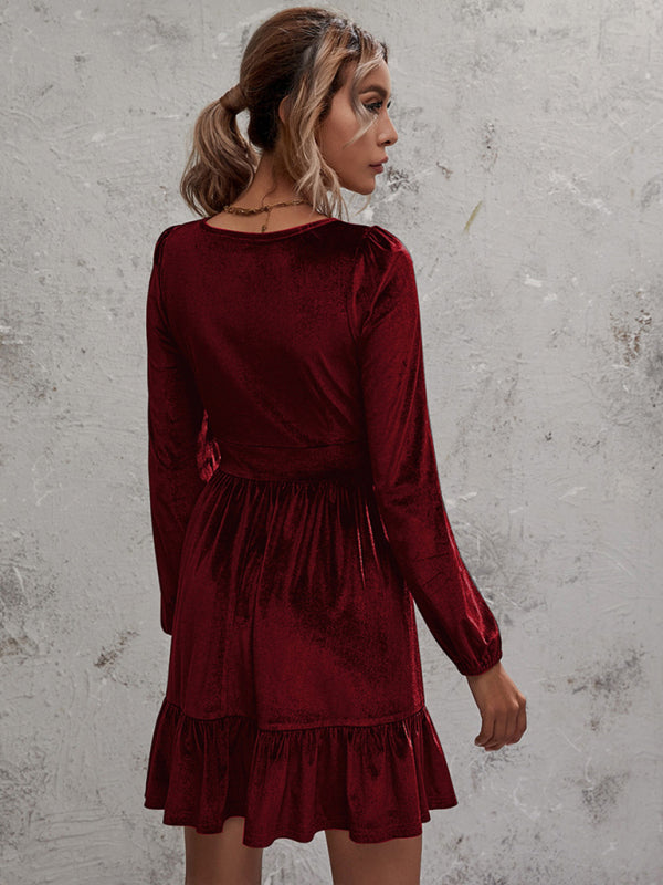 Velvet Deep V-Neck Midi Dress – Ruffle Detail & Bubble Sleeves