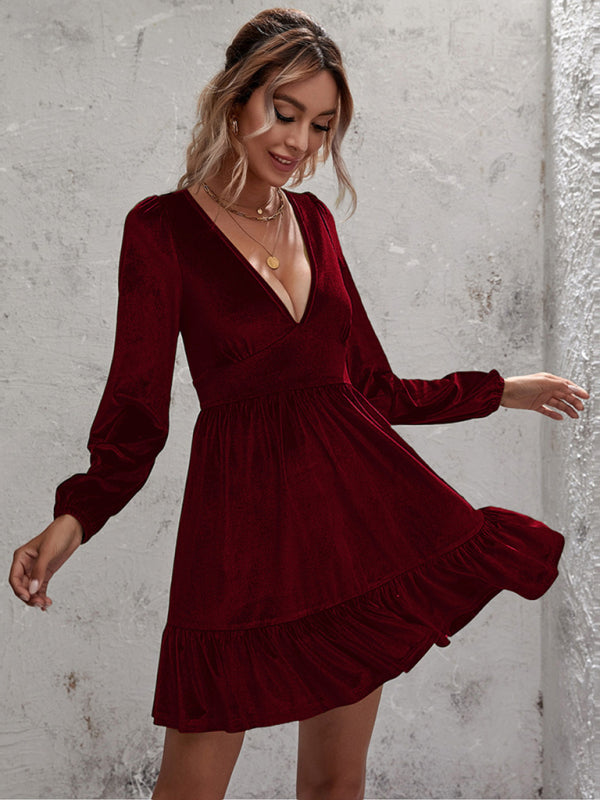 Velvet Deep V-Neck Midi Dress – Ruffle Detail & Bubble Sleeves